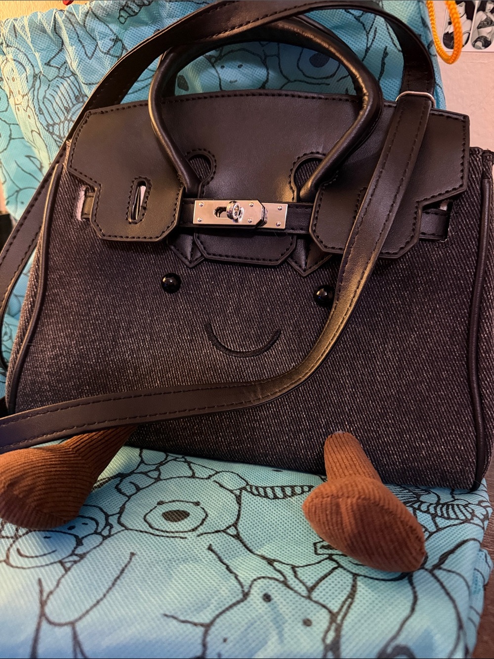 Black Women's Top-Handle Satchel Bag with Silver Hardware Jellycat Inspired